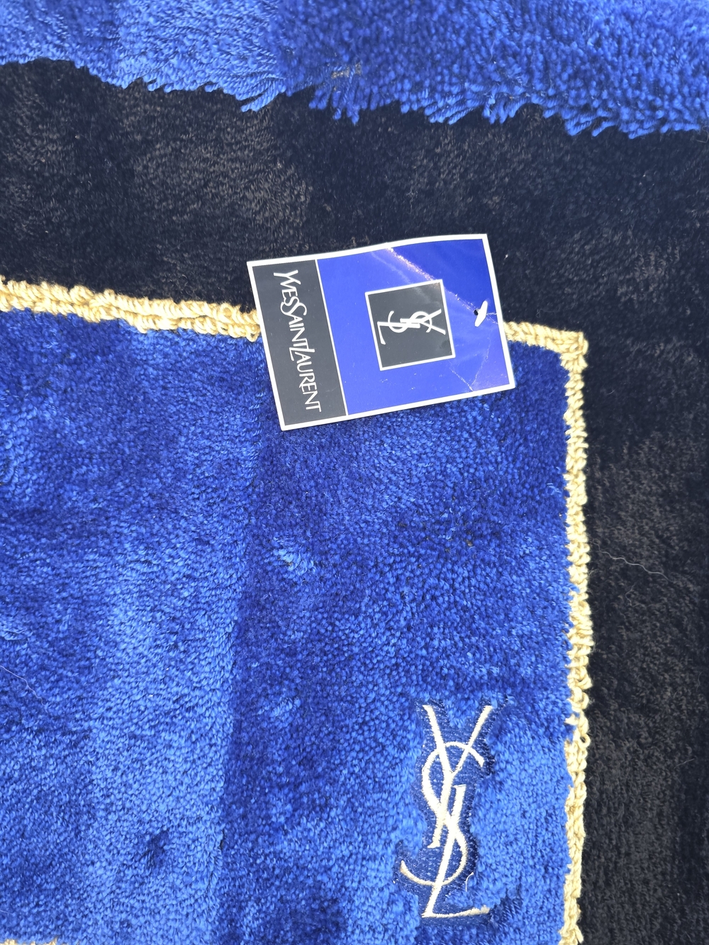 Yves Saint Laurent Royal Blue and Black Plush Bath Mat with Gold Trim